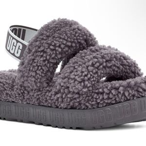 UGG Charcoal Fluffy Slippers 5/6 Shoe Sz